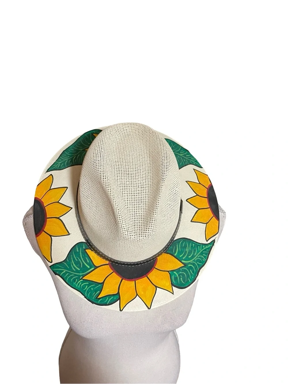 MX Mexico cream woven straw fedora hat black band hand painted sunflowers MEDIUM
